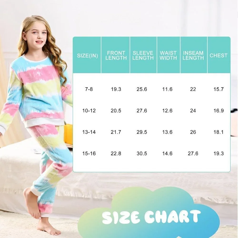 Girls Fleece Pajamas, Soft Cozy Pullover Sweatshirt Pants Set for Kids 7-16 Year